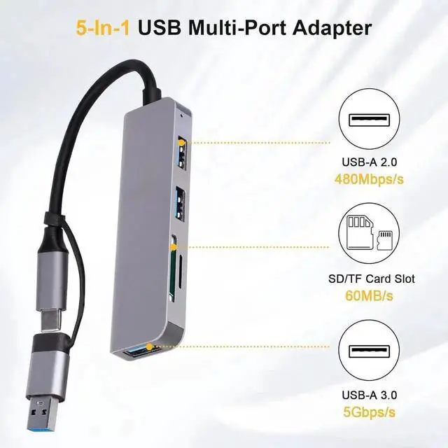 Alt view image 6 of 7 - 5 in 1 USB C Hub Multiport Adapter, USB Splitter with USB 3.0, 2 USB 2.0 Ports, SD & TF Card Reader, Portable USB Expander for Laptop, Desktop PC, Smartphones and More