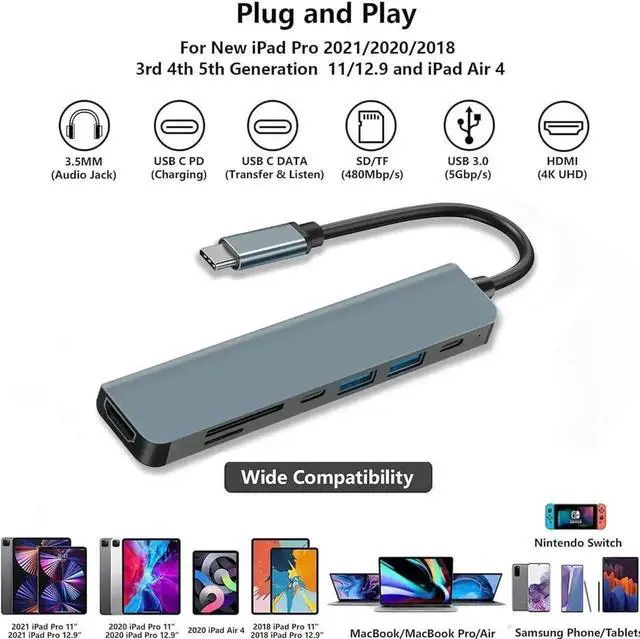 Alt view image 3 of 7 - 7 in 1 USB C Hub Multiport Docking Station, USB C Adapter with 4K HDMI, 1 USB-C Port, 2 USB-A Ports, 100W PD Charging, SD & TF Card Reader, Compatible with MacBook Air/Pro, iPad, Windows Laptops, Stea