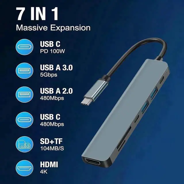 Alt view image 4 of 7 - 7 in 1 USB C Hub Multiport Docking Station, USB C Adapter with 4K HDMI, 1 USB-C Port, 2 USB-A Ports, 100W PD Charging, SD & TF Card Reader, Compatible with MacBook Air/Pro, iPad, Windows Laptops, Stea