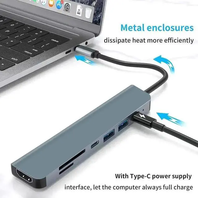 Alt view image 5 of 7 - 7 in 1 USB C Hub Multiport Docking Station, USB C Adapter with 4K HDMI, 1 USB-C Port, 2 USB-A Ports, 100W PD Charging, SD & TF Card Reader, Compatible with MacBook Air/Pro, iPad, Windows Laptops, Stea