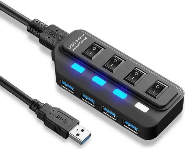 Main image of 4-Port USB 3.0 Hub, Superspeed 5Gbps USB Splitter with Individual On/Off Switches & Blue LED Indicators, Backward Compatible with USB 2.0 / 1.1