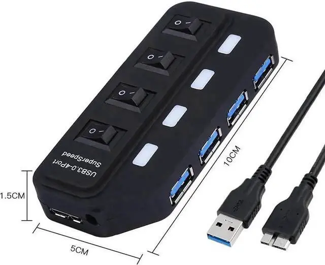 Alt view image 6 of 7 - 4-Port USB 3.0 Hub, Superspeed 5Gbps USB Splitter with Individual On/Off Switches & Blue LED Indicators, Backward Compatible with USB 2.0 / 1.1