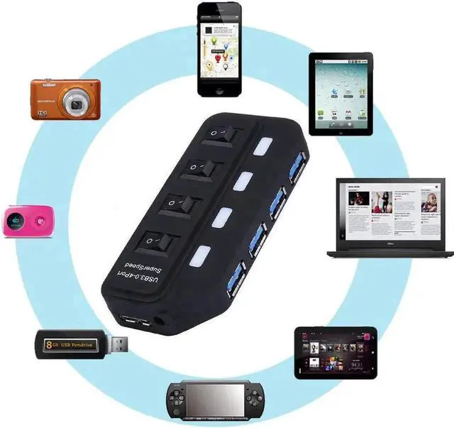 Alt view image 2 of 7 - 4-Port USB 3.0 Hub, Superspeed 5Gbps USB Splitter with Individual On/Off Switches & Blue LED Indicators, Backward Compatible with USB 2.0 / 1.1