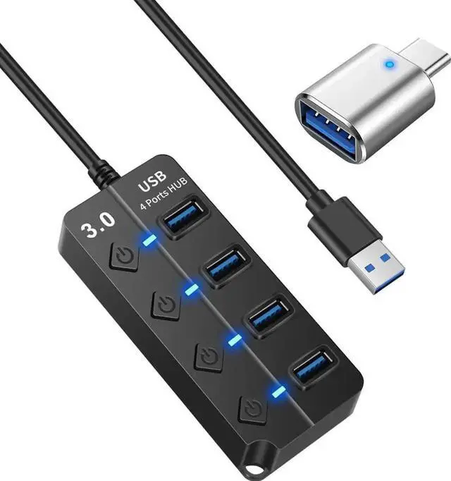 Main image of USB 3.0 Hub, 1 in 4 Out USB Splitter with Individual Power Switches, Multiport USB Extender Dock Adapter for Laptop, MacBook, Flash Drives, Mobile HDD, Printer
