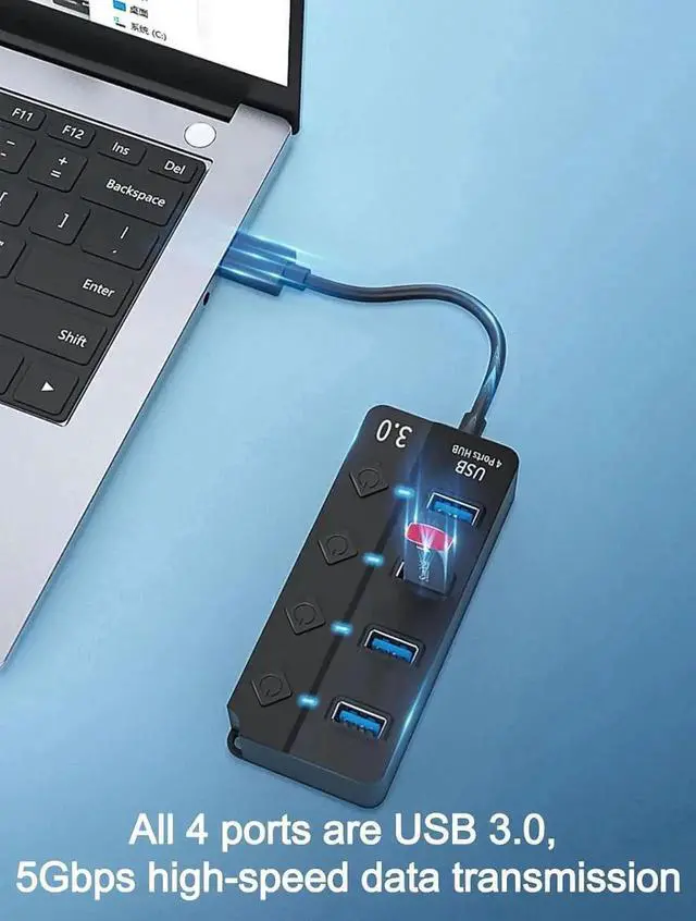 Alt view image 5 of 6 - USB 3.0 Hub, 1 in 4 Out USB Splitter with Individual Power Switches, Multiport USB Extender Dock Adapter for Laptop, MacBook, Flash Drives, Mobile HDD, Printer