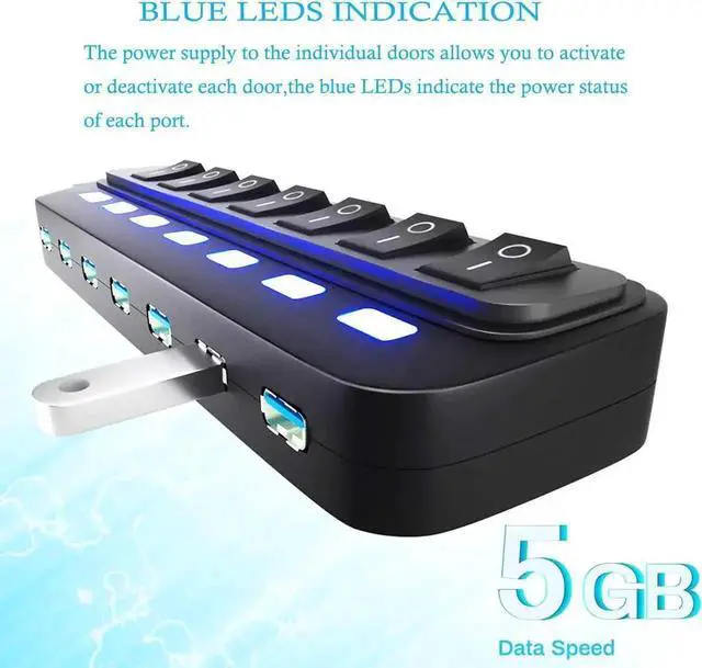 Alt view image 7 of 7 - 7 Port USB 3.0 Hub Splitter with Individual On/Off LED Switches, 5Gbps High Speed USB Port Extender for Laptop, iMac, USB Flash Drives, Mobile HDD, Printer, Camera and More