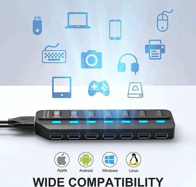 Alt view image 4 of 7 - 7 Port USB 3.0 Hub Splitter with Individual On/Off LED Switches, 5Gbps High Speed USB Port Extender for Laptop, iMac, USB Flash Drives, Mobile HDD, Printer, Camera and More