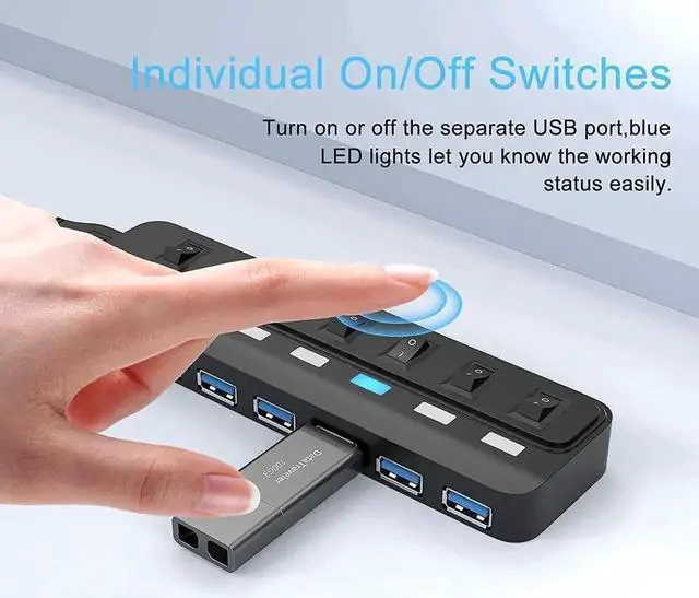 Alt view image 2 of 7 - 7 Port USB 3.0 Hub Splitter with Individual On/Off LED Switches, 5Gbps High Speed USB Port Extender for Laptop, iMac, USB Flash Drives, Mobile HDD, Printer, Camera and More