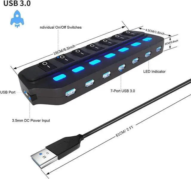 Alt view image 6 of 7 - 7 Port USB 3.0 Hub Splitter with Individual On/Off LED Switches, 5Gbps High Speed USB Port Extender for Laptop, iMac, USB Flash Drives, Mobile HDD, Printer, Camera and More