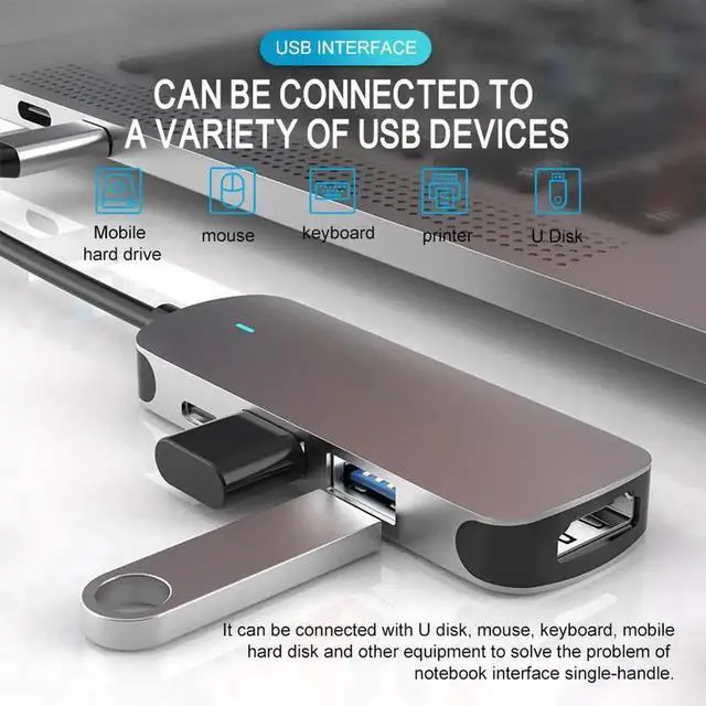 Alt view image 3 of 7 - 4 in 1 USB C Hub Multiport Adapter, USB Type C to 4K@30Hz HDMI, USB3.0, USB2.0 & 60W PD Charging Port, Compatible with MacBook Pro 2017/2018/2019, Galaxy Note10 S10 S9 S8 Plus, Chromebook, XPS Laptops