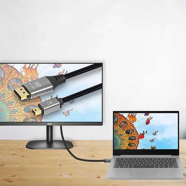 Alt view image 2 of 4 - Mini DisplayPort to DisplayPort 1.4 Cable, Bi-Directional Transmission, Supports 8K@60Hz, 4K@144Hz, 2m (6.6ft) Mini DP to DP Cord, for MacBook, Surface, Gaming Laptops, Graphics Cards, Monitors and Di