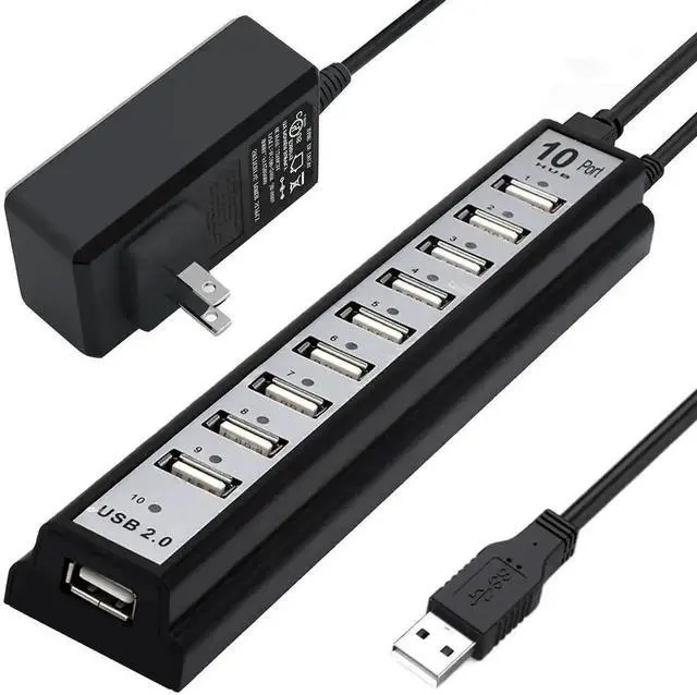 Main image of 10-Port Powered USB 2.0 Hub, USB Splitter Extender with Individual LED Indicator Lights, External Power Supply Supported Multiport Adapter, Plug and Play USB Hub for MacBook, Laptop, Desktop PC and Va