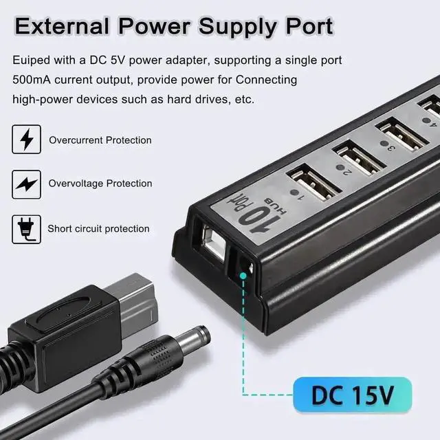 Alt view image 7 of 7 - 10-Port Powered USB 2.0 Hub, USB Splitter Extender with Individual LED Indicator Lights, External Power Supply Supported Multiport Adapter, Plug and Play USB Hub for MacBook, Laptop, Desktop PC and Va