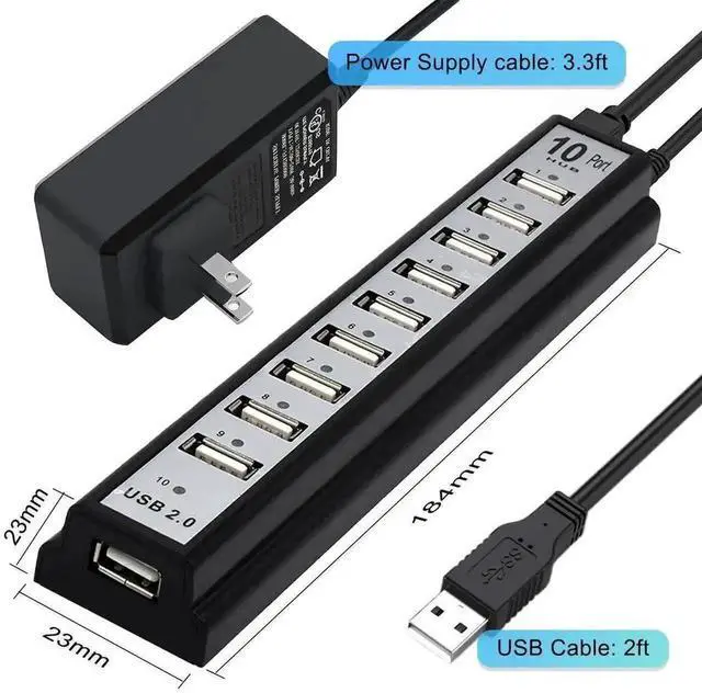 Alt view image 2 of 7 - 10-Port Powered USB 2.0 Hub, USB Splitter Extender with Individual LED Indicator Lights, External Power Supply Supported Multiport Adapter, Plug and Play USB Hub for MacBook, Laptop, Desktop PC and Va