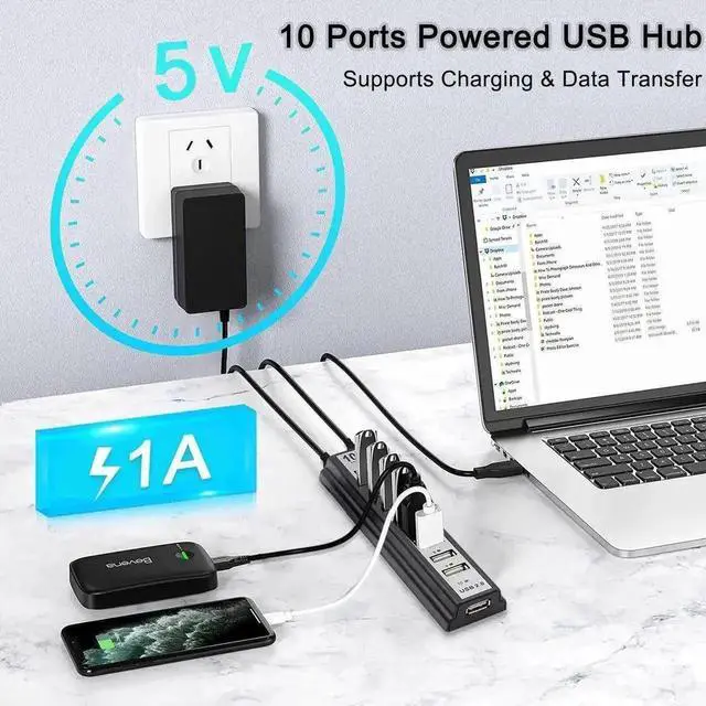 Alt view image 6 of 7 - 10-Port Powered USB 2.0 Hub, USB Splitter Extender with Individual LED Indicator Lights, External Power Supply Supported Multiport Adapter, Plug and Play USB Hub for MacBook, Laptop, Desktop PC and Va