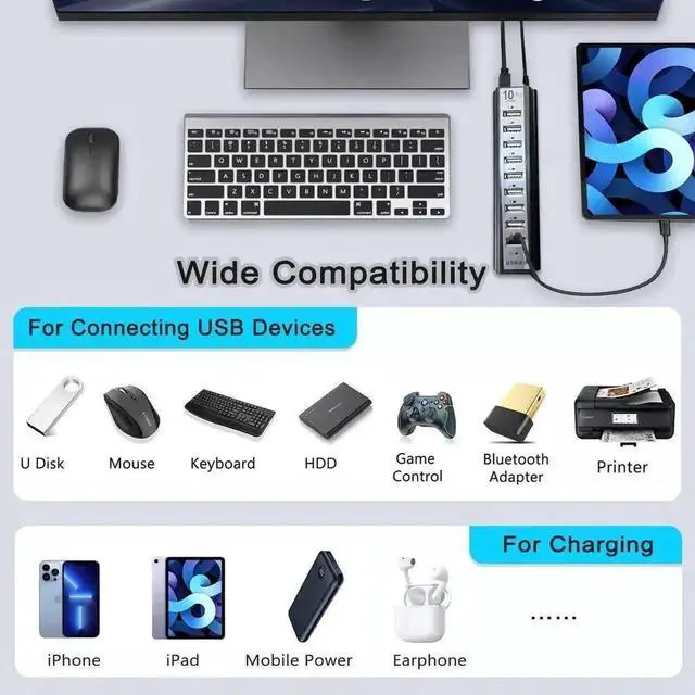 Alt view image 4 of 7 - 10-Port Powered USB 2.0 Hub, USB Splitter Extender with Individual LED Indicator Lights, External Power Supply Supported Multiport Adapter, Plug and Play USB Hub for MacBook, Laptop, Desktop PC and Va