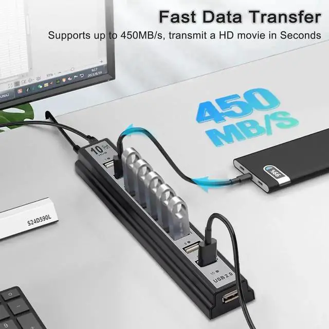 Alt view image 3 of 7 - 10-Port Powered USB 2.0 Hub, USB Splitter Extender with Individual LED Indicator Lights, External Power Supply Supported Multiport Adapter, Plug and Play USB Hub for MacBook, Laptop, Desktop PC and Va