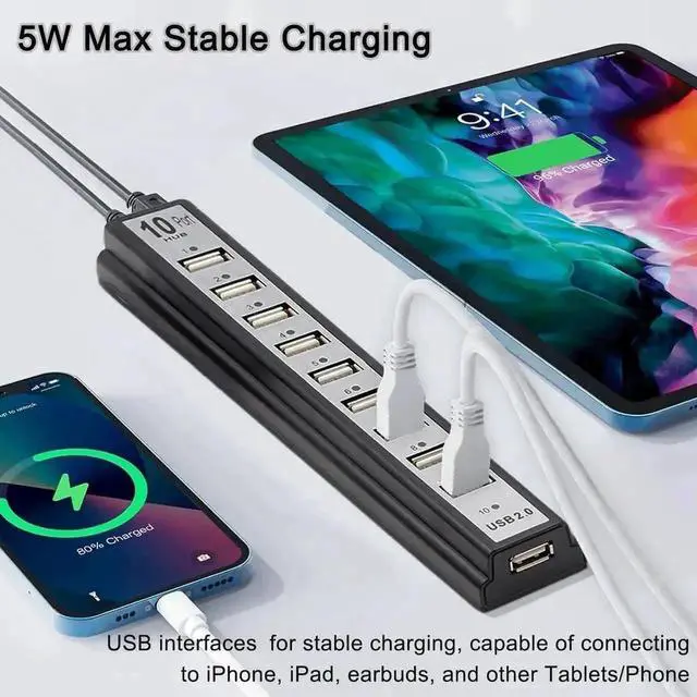 Alt view image 5 of 7 - 10-Port Powered USB 2.0 Hub, USB Splitter Extender with Individual LED Indicator Lights, External Power Supply Supported Multiport Adapter, Plug and Play USB Hub for MacBook, Laptop, Desktop PC and Va