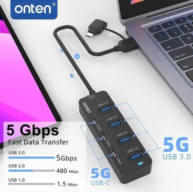 Alt view image 4 of 5 - 7-Port USB-C Hub, USB Type-C Splitter with 4×USB 3.0 Ports + 3×USB-C Ports, 3.2ft Extended Cable, USB 3.0 Multiport Adapter, Plug and Play, Compatible with Thunderbolt 3/4, MacBook, Surface Pro and Ot