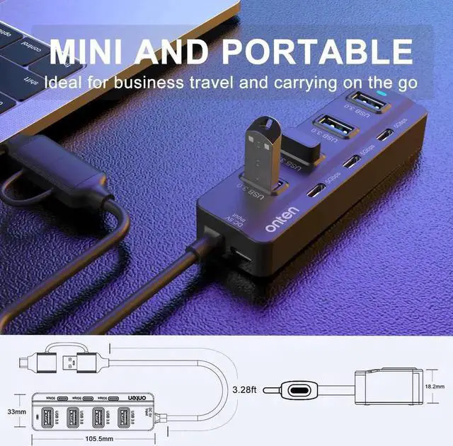 Alt view image 3 of 5 - 7-Port USB-C Hub, USB Type-C Splitter with 4×USB 3.0 Ports + 3×USB-C Ports, 3.2ft Extended Cable, USB 3.0 Multiport Adapter, Plug and Play, Compatible with Thunderbolt 3/4, MacBook, Surface Pro and Ot