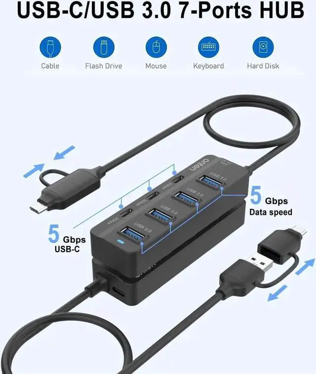 Alt view image 2 of 5 - 7-Port USB-C Hub, USB Type-C Splitter with 4×USB 3.0 Ports + 3×USB-C Ports, 3.2ft Extended Cable, USB 3.0 Multiport Adapter, Plug and Play, Compatible with Thunderbolt 3/4, MacBook, Surface Pro and Ot