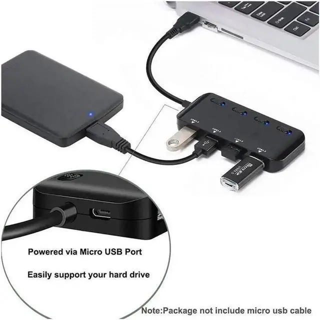 Alt view image 3 of 5 - 4-Port USB 3.0 Hub Splitter, Ultra Slim USB Data Extender Multiport Adapter with Independent Power Switches and LED Indicators, Plug and Play USB Hub for PC, Laptop, Desktop, Notebook and USB Peripher