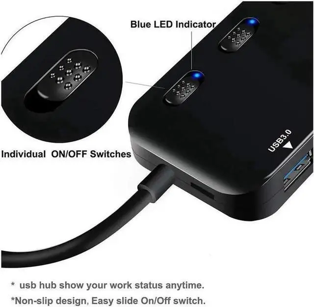 Alt view image 4 of 5 - 4-Port USB 3.0 Hub Splitter, Ultra Slim USB Data Extender Multiport Adapter with Independent Power Switches and LED Indicators, Plug and Play USB Hub for PC, Laptop, Desktop, Notebook and USB Peripher