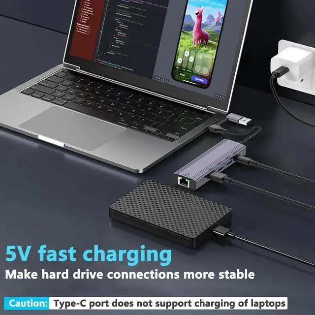 Alt view image 5 of 7 - 5 in 1 USB C Hub Multiport Docking Station, USB-C Dock with USB 3.0, USB-C PD Charging, Gigabit Ethernet Port, Type C Adapter Dongle Compatible with MacBook Pro, MacBook Air and Type C Laptops