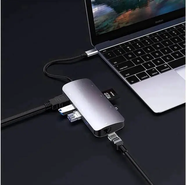 Alt view image 2 of 6 - 8 in 1 USB C Multiport Hub with Gigabit RJ45 Ethernet, 4K HDMI, 60W PD Charging, 5Gbps USB Data, SD/TF Card Reader, Flat Type-C Docking Station Adapter