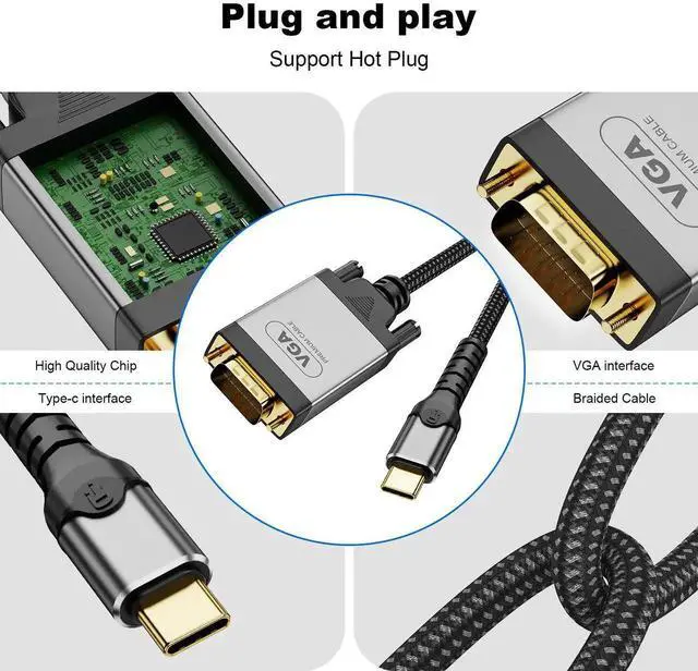 Alt view image 2 of 4 - 1m USB-C to VGA Cable, 1080P@60Hz Type-C 3.1 Video Cord, Connect Laptop Phone Tablet to Monitor, Projector and HDTV