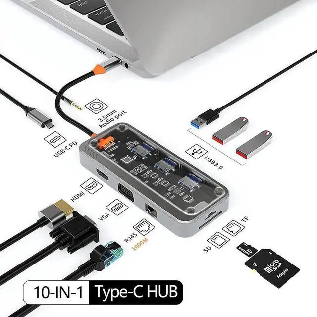 Main image of 10-in-1 USB C Docking Station Dual Monitor, Multiport Type C Hub with 4K HDMI, VGA, 3 USB 3.0, 100W PD Charging, Gigabit Ethernet, SD/TF Card Reader & 3.5mm Audio Jack for USB-C Laptops