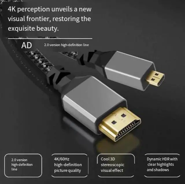 Alt view image 2 of 4 - Micro HDMI to HDMI 2.0 Cable, 4K@60Hz Braided Video Cord with Aluminum Shell & Gold-Plated Connectors, Compatible with Camera, Tablet, Raspberry Pi, TV and Monitor