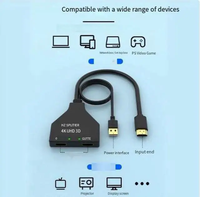 Alt view image 5 of 5 - 1x2 HDMI Splitter 4K@30Hz, HDMI 1.4 3D Video Duplicator, Plug and Play Screen Mirror Adapter for PS4, Xbox, Blu-ray Player, PC and HDTV