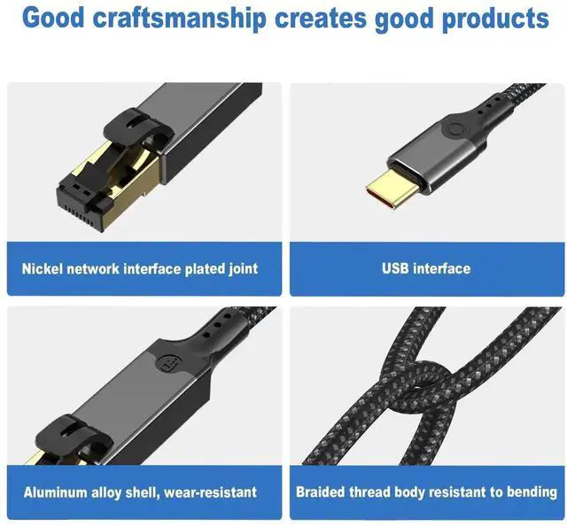 Alt view image 5 of 6 - USB-C to Gigabit Ethernet Adapter USB 3.1, 1000Mbps, Aluminum Alloy Braided Network Adapter for Laptop, PC, Tablet & Smartphone