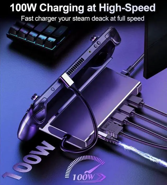 Alt view image 3 of 7 - 6-in-1 Docking Station for Steam Deck, Portable Dock Stand with HDMI 2.0 4K@60Hz, Gigabit Ethernet, 3×USB-A 3.0 & USB-C PD Full Speed Charging Port, Compatible with Valve Steam Deck, ROG Ally Handheld