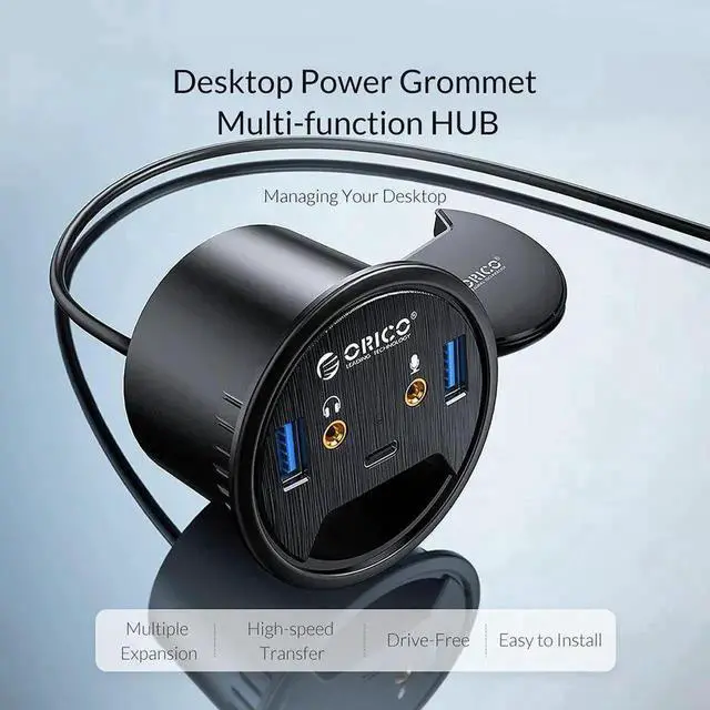 Alt view image 3 of 5 - Desktop Grommet USB Hub, Desk Mount Type-C Adapter Splitter with USB 3.0 Port & Audio Jack, Multi-Function Table Grommet Expansion Dock for Office Desktop Table Mount Connection and Peripheral Expansi