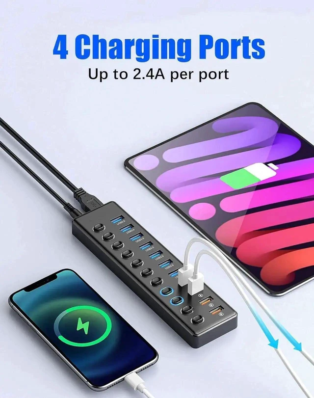 Alt view image 5 of 7 - Powered USB 3.0 Hub, 11-Port USB Splitter with 7 USB 3.0 Data Ports & 4 Smart Charging Ports, Independent LED On/Off Switches, 12V/3A Power Adapter Included for Laptop, Desktop PC
