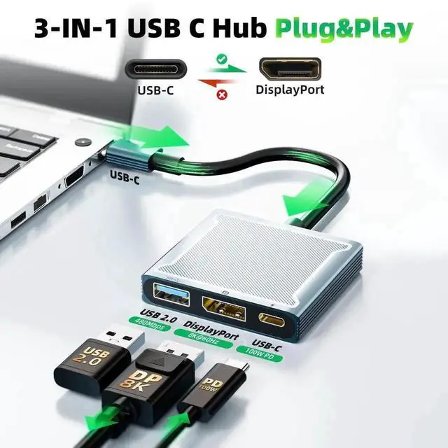 Alt view image 2 of 7 - BolAAzuL 3-in-1 USB C to DisplayPort Multiport Adapter Dock, Type C Hub with DP 1.4, USB 2.0 & 100W PD Charging Port, Supports 8K@60Hz DP Alt Mode for MacBook Pro, iPad Pro and External Monitor