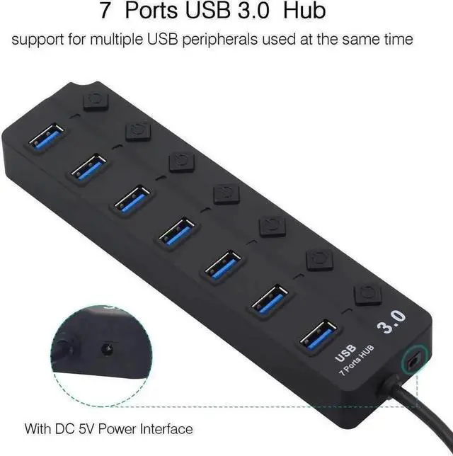 Main image of 7-Port Powered USB 3.0 Hub Splitter, USB 3.0 One-to-Seven Expansion Dock with Individual On/Off Switches and External Power Adapter, High Speed USB Extender for Laptop, Desktop PC and Multiple USB Per