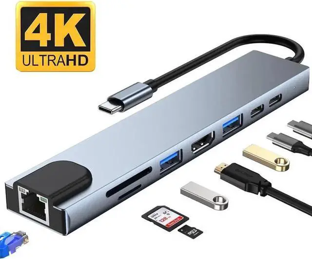 Main image of 8-in-1 USB C Multiport Adapter Docking Station, Type C Hub with Gigabit RJ45 Ethernet, 4K HDMI, USB3.0, USB2.0, 87W PD Charging, USB-C Data Port & SD/TF Card Reader, Compatible with MacBook and All US
