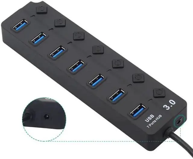 Alt view image 2 of 3 - 7-Port Powered USB 3.0 Hub Splitter, USB 3.0 One-to-Seven Expansion Dock with Individual On/Off Switches and External Power Adapter, High Speed USB Extender for Laptop, Desktop PC and Multiple USB Per