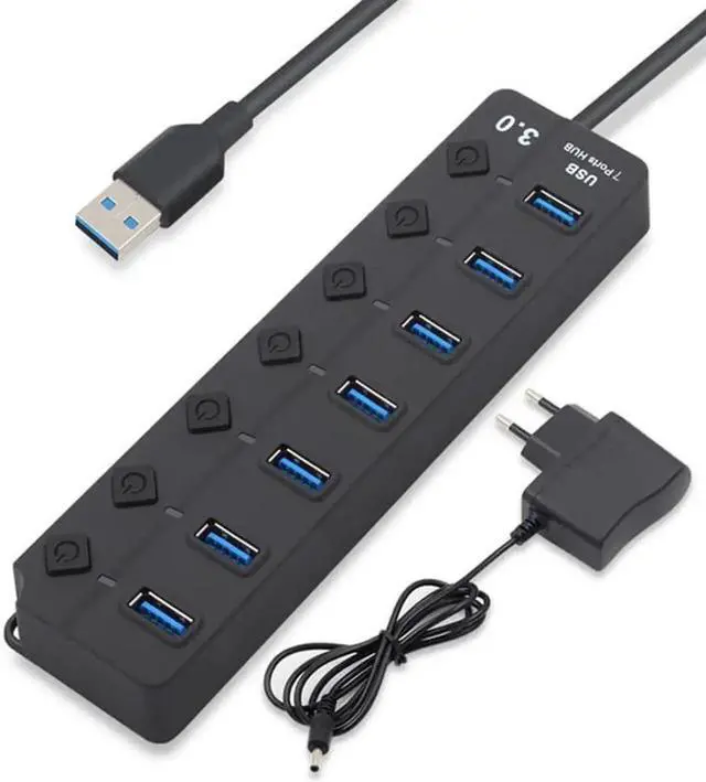 Alt view image 3 of 3 - 7-Port Powered USB 3.0 Hub Splitter, USB 3.0 One-to-Seven Expansion Dock with Individual On/Off Switches and External Power Adapter, High Speed USB Extender for Laptop, Desktop PC and Multiple USB Per
