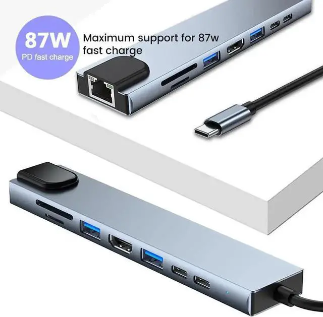 Alt view image 6 of 7 - 8-in-1 USB C Multiport Adapter Docking Station, Type C Hub with Gigabit RJ45 Ethernet, 4K HDMI, USB3.0, USB2.0, 87W PD Charging, USB-C Data Port & SD/TF Card Reader, Compatible with MacBook and All US