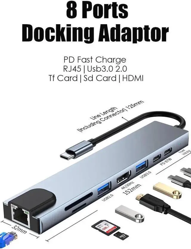 Alt view image 7 of 7 - 8-in-1 USB C Multiport Adapter Docking Station, Type C Hub with Gigabit RJ45 Ethernet, 4K HDMI, USB3.0, USB2.0, 87W PD Charging, USB-C Data Port & SD/TF Card Reader, Compatible with MacBook and All US