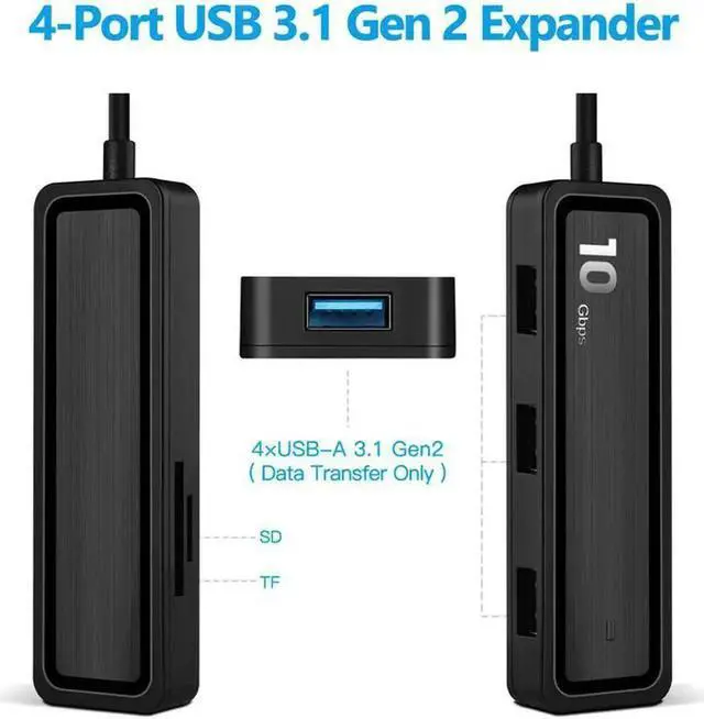 Alt view image 2 of 7 - 6-in-1 USB C Hub, 4-Port USB 3.1 Gen 2 Splitter 10Gbps SuperSpeed with SD/TF Card Reader, 20CM Cable Multiport Adapter Compatible with MacBook, PC, Flash Drives