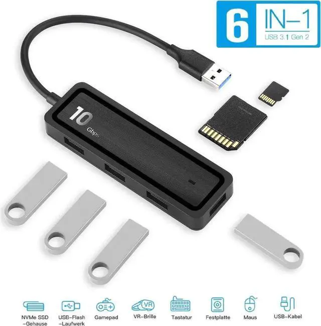 Alt view image 6 of 7 - 6-in-1 USB C Hub, 4-Port USB 3.1 Gen 2 Splitter 10Gbps SuperSpeed with SD/TF Card Reader, 20CM Cable Multiport Adapter Compatible with MacBook, PC, Flash Drives