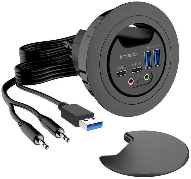Alt view image 2 of 7 - In Desk USB 3.0 Hub THC06-VI, Built-in Desktop Grommet Hub with 2 USB-A, 2 USB-C, 3.5mm Audio Jack & Charging Port, Fits 60mm/80mm Cable Hole, Desktop Cable Organizer for Headset, Mic and Devices