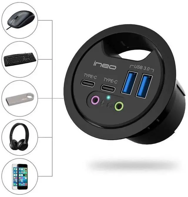 Alt view image 4 of 7 - In Desk USB 3.0 Hub THC06-VI, Built-in Desktop Grommet Hub with 2 USB-A, 2 USB-C, 3.5mm Audio Jack & Charging Port, Fits 60mm/80mm Cable Hole, Desktop Cable Organizer for Headset, Mic and Devices