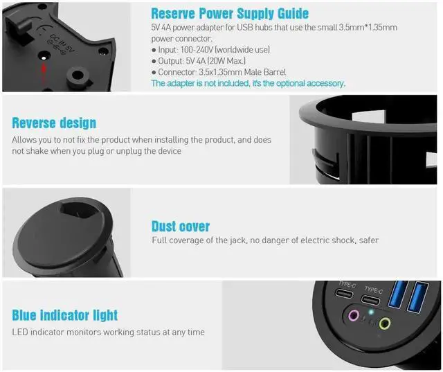Alt view image 5 of 7 - In Desk USB 3.0 Hub THC06-VI, Built-in Desktop Grommet Hub with 2 USB-A, 2 USB-C, 3.5mm Audio Jack & Charging Port, Fits 60mm/80mm Cable Hole, Desktop Cable Organizer for Headset, Mic and Devices