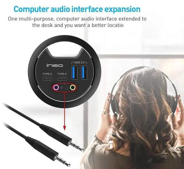Alt view image 3 of 7 - In Desk USB 3.0 Hub THC06-VI, Built-in Desktop Grommet Hub with 2 USB-A, 2 USB-C, 3.5mm Audio Jack & Charging Port, Fits 60mm/80mm Cable Hole, Desktop Cable Organizer for Headset, Mic and Devices